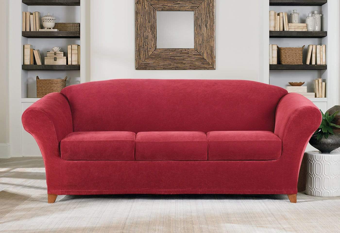 SureFit Stretch Piqué Four Piece Sofa Slipcover   Form Fit   Individual Cushion Covers   Machine Washable in Garnet