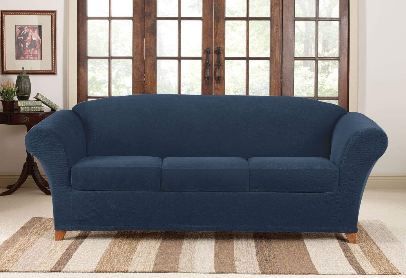 SureFit Stretch Piqué Four Piece Sofa Slipcover   Form Fit   Individual Cushion Covers   Machine Washable in Navy Blue