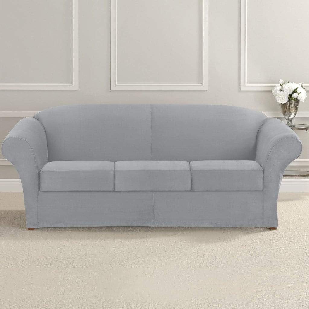 SureFit Ultimate Stretch Suede Four Piece Sofa Slipcover   Form-Fitting   Individual Cushion Covers   Machine Washable in Light Grey