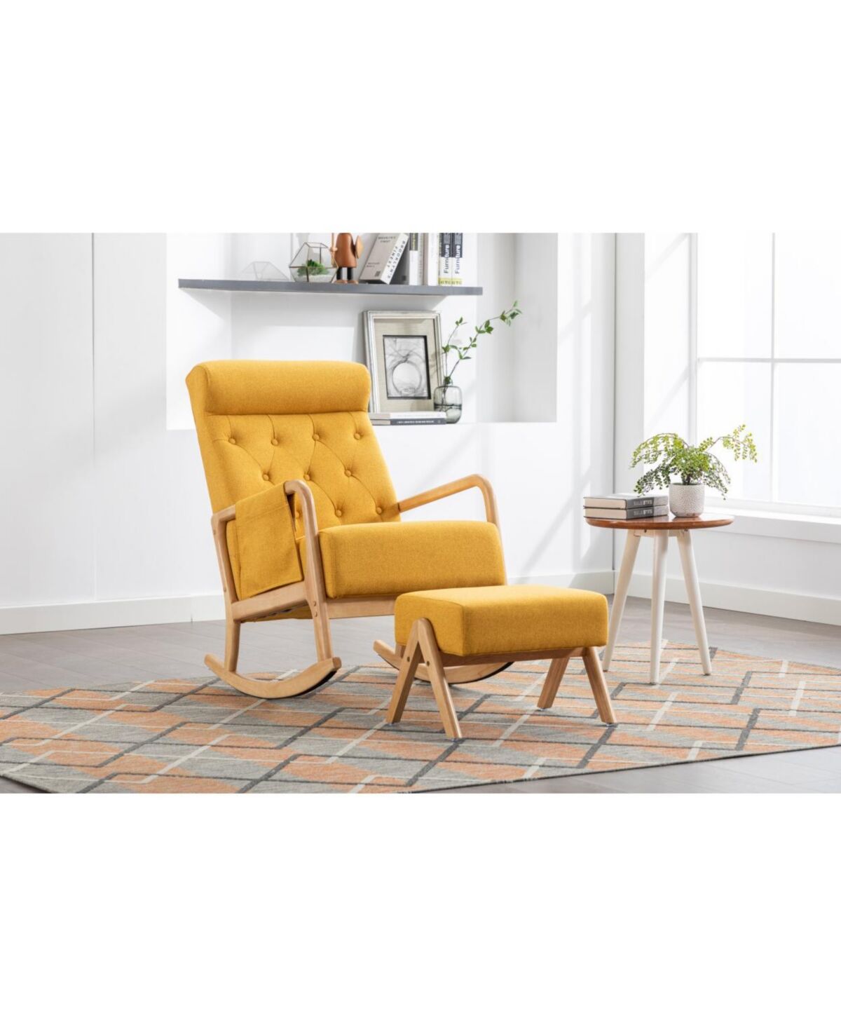 Simplie Fun Rocking Chair With Ottoman, Mid-Century Modern Upholstered Fabric Rocking Armchair, Rocking Chair Nursery with Thick Padded Cushion, High