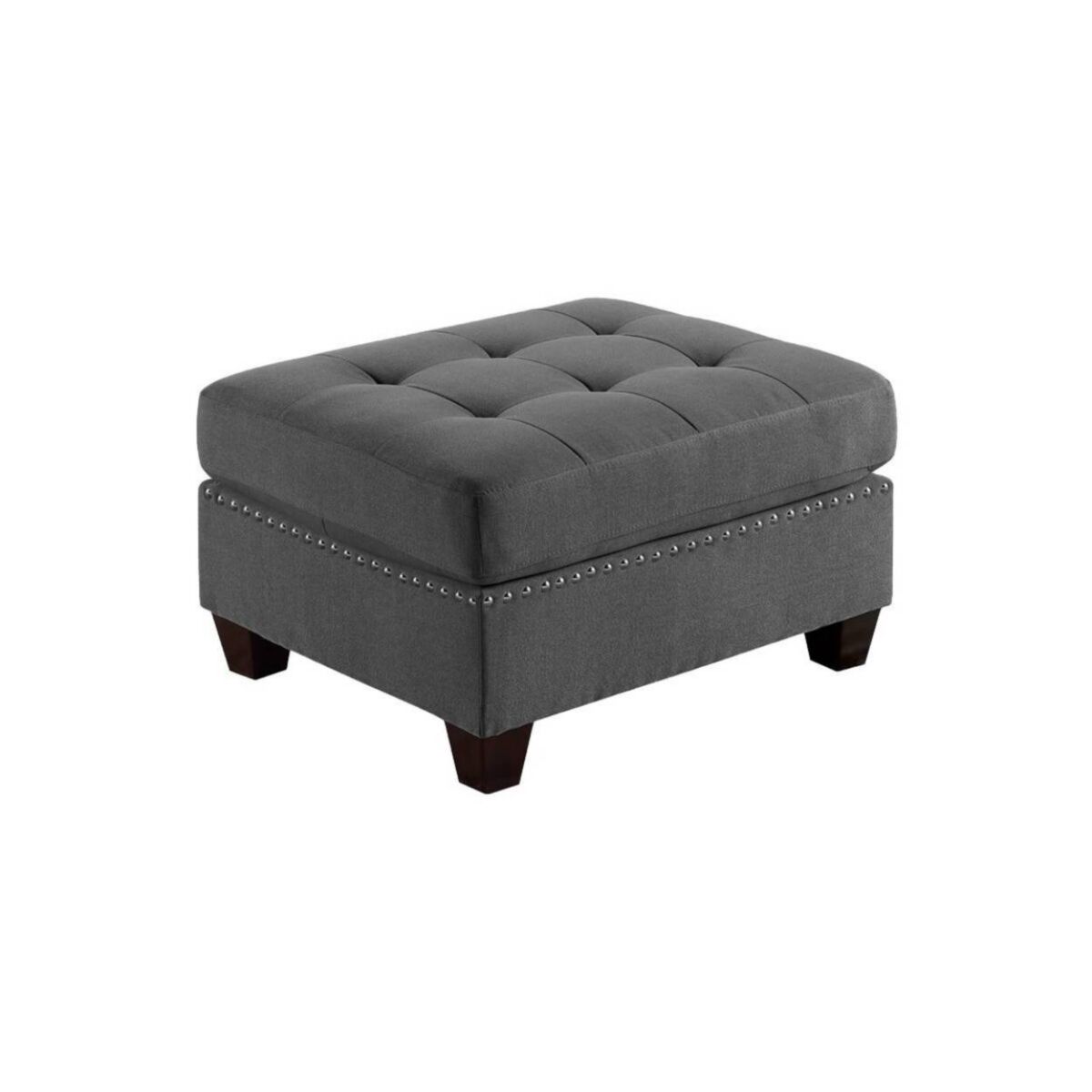 Simplie Fun Living Room Furniture Tufted Ottoman Grey Linen Like Fabric 1pc Ottoman Cushion Nail heads Wooden Legs - Grey