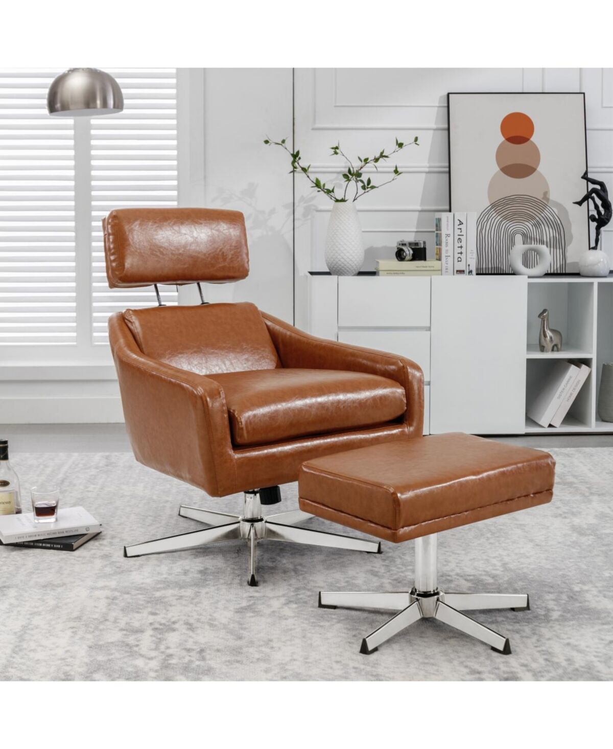Simplie Fun Pu Leather Swivel Armchair with Ottoman for Living Room, Bedroom, Office - Brown