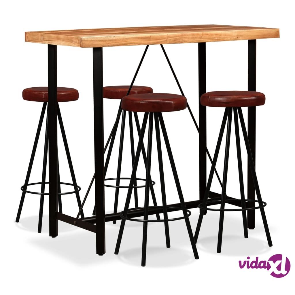 vidaXL 5 Piece Bar Set Solid Acacia Wood and Genuine Leather