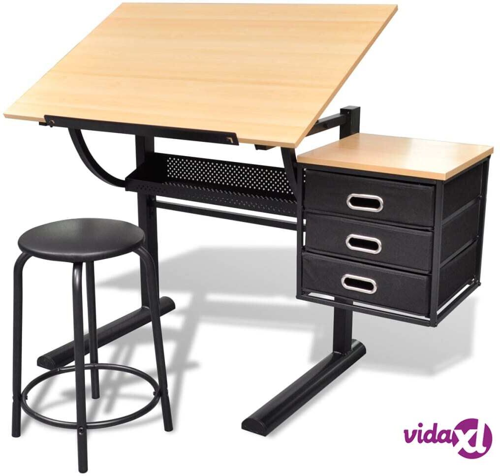 vidaXL Three Drawers Drawing Table with Stool