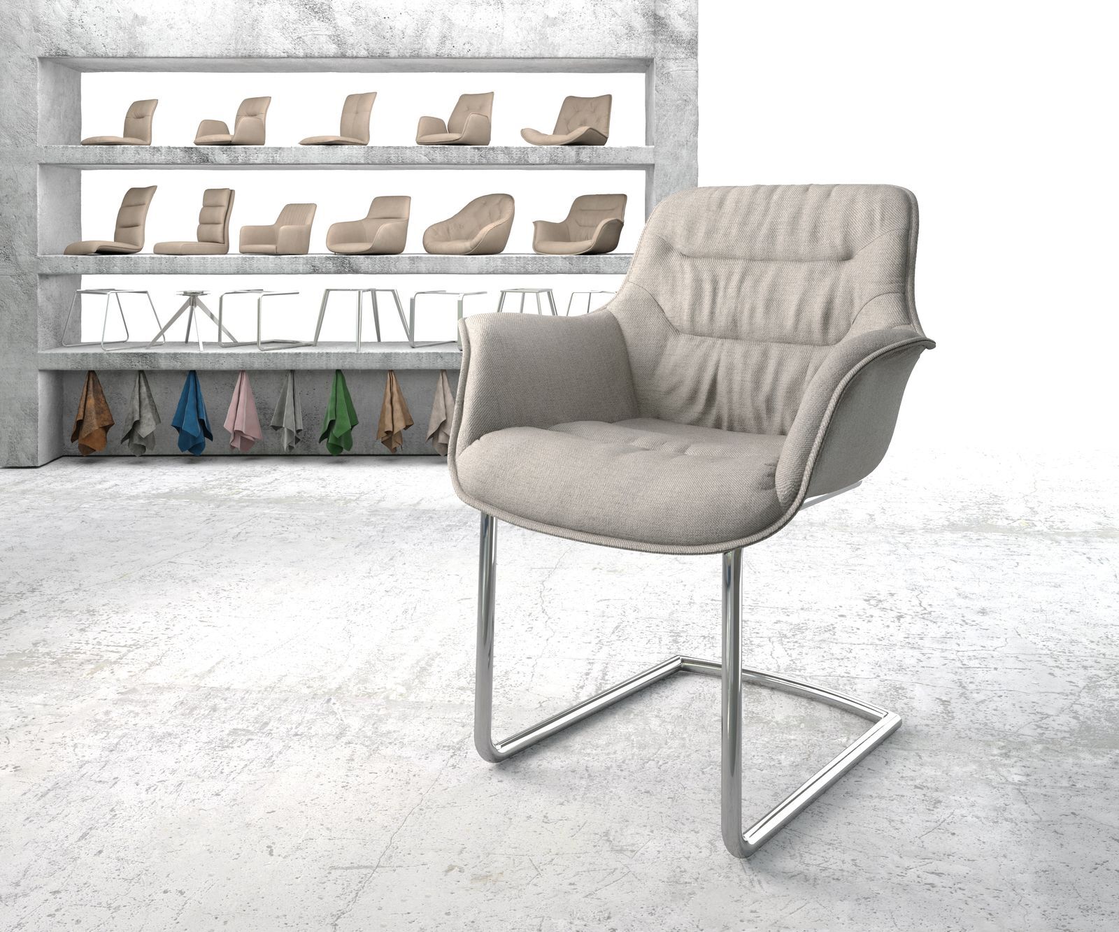 DELIFE Fauteuil Kaira-Flex gris clair rayures cantilever rond chromé