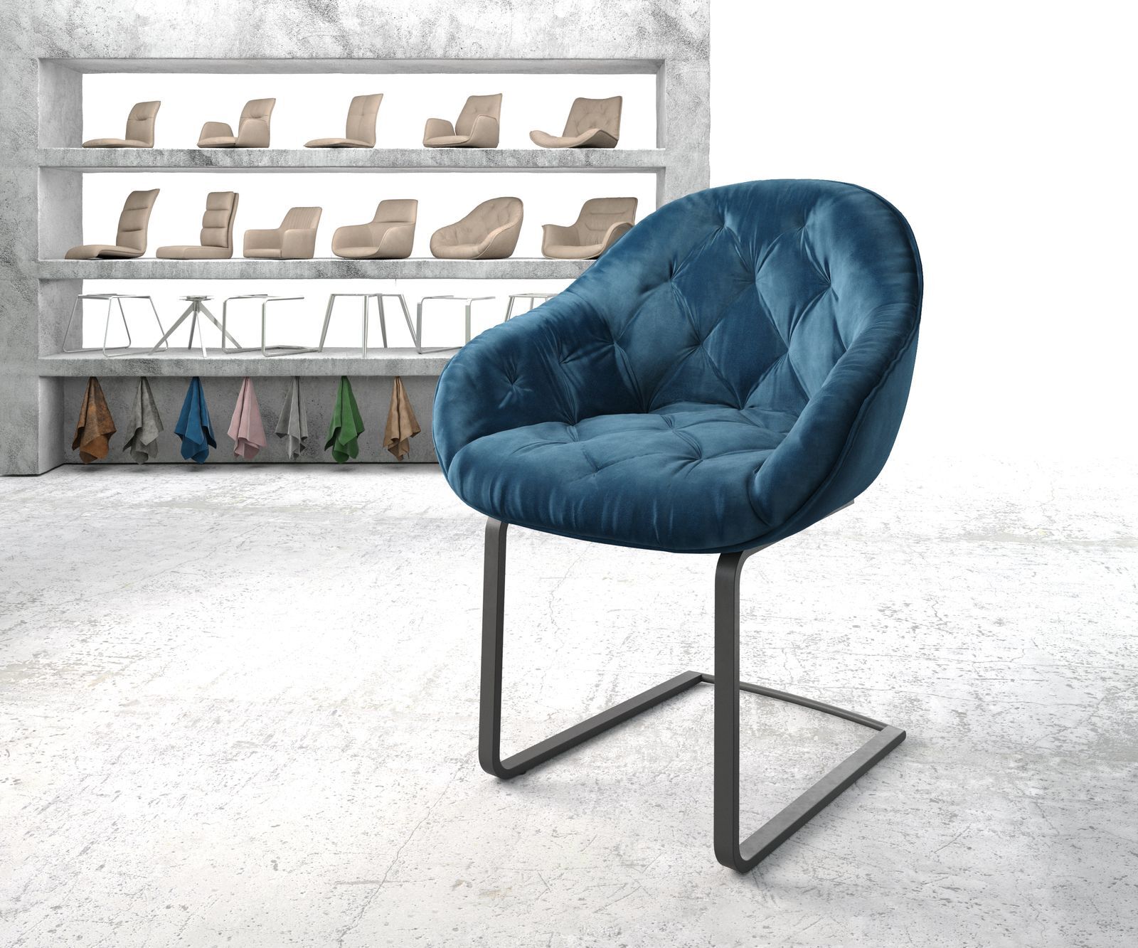 DELIFE Fauteuil Gaio-Flex bleu velours cantilever plat noir