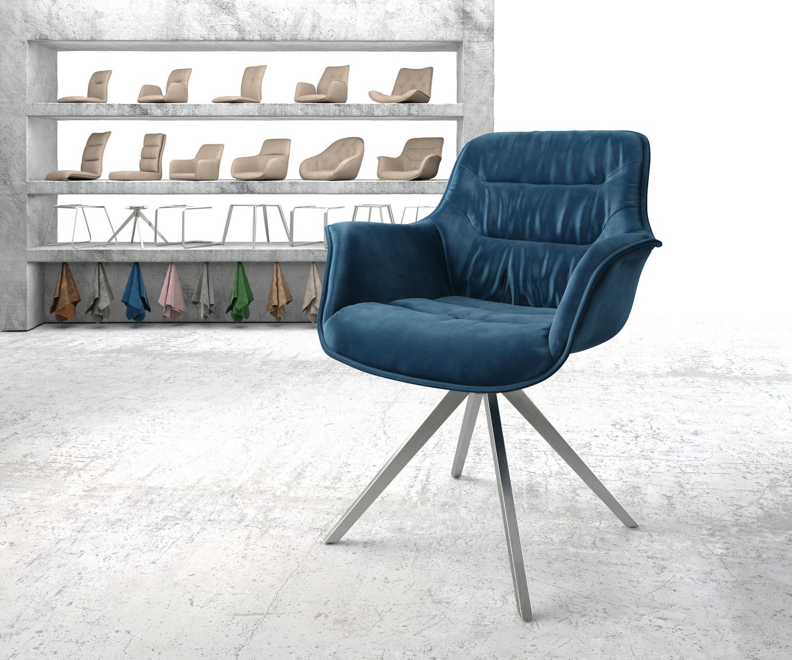 DELIFE Chaise-pivotante Kaira-Flex bleu velours cadre croisé angulaire acier inoxydable