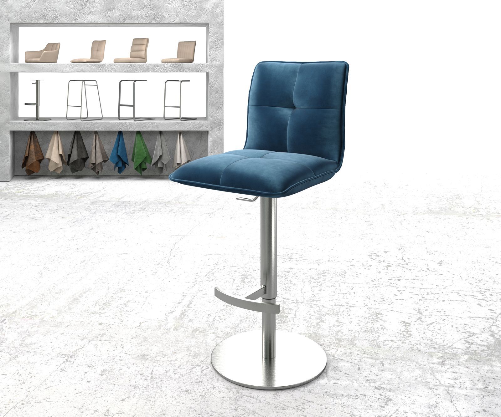 DELIFE Chaise-de-bar Maddy-Flex velours bleu pied pivotant réglable en hauteur acier...