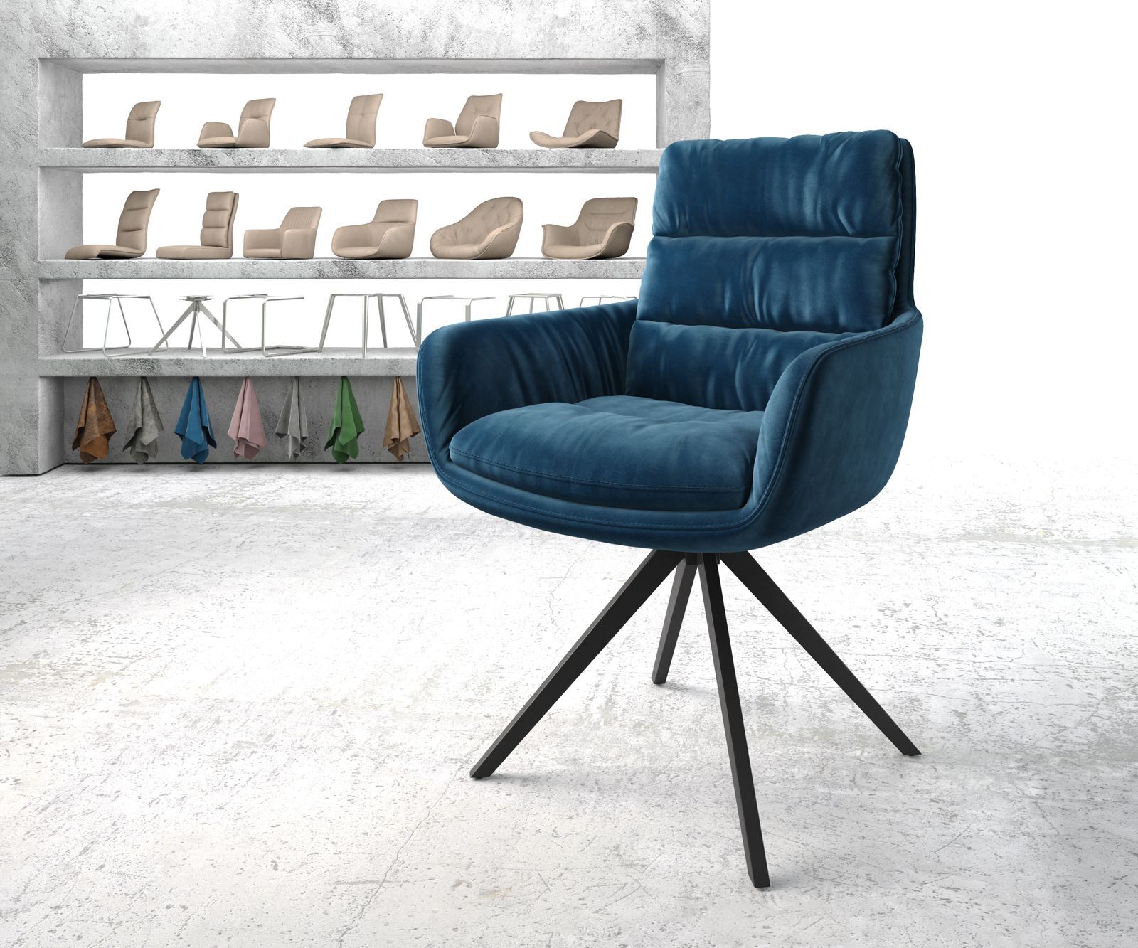DELIFE Chaise-pivotante Abelia-Flex avec accoudoir velours bleu cadre croisé carré noir