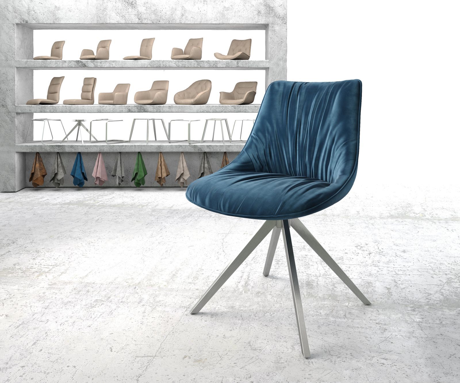 DELIFE Chaise-pivotante Elda-Flex velours bleu cadre croisé carré acier inoxydable