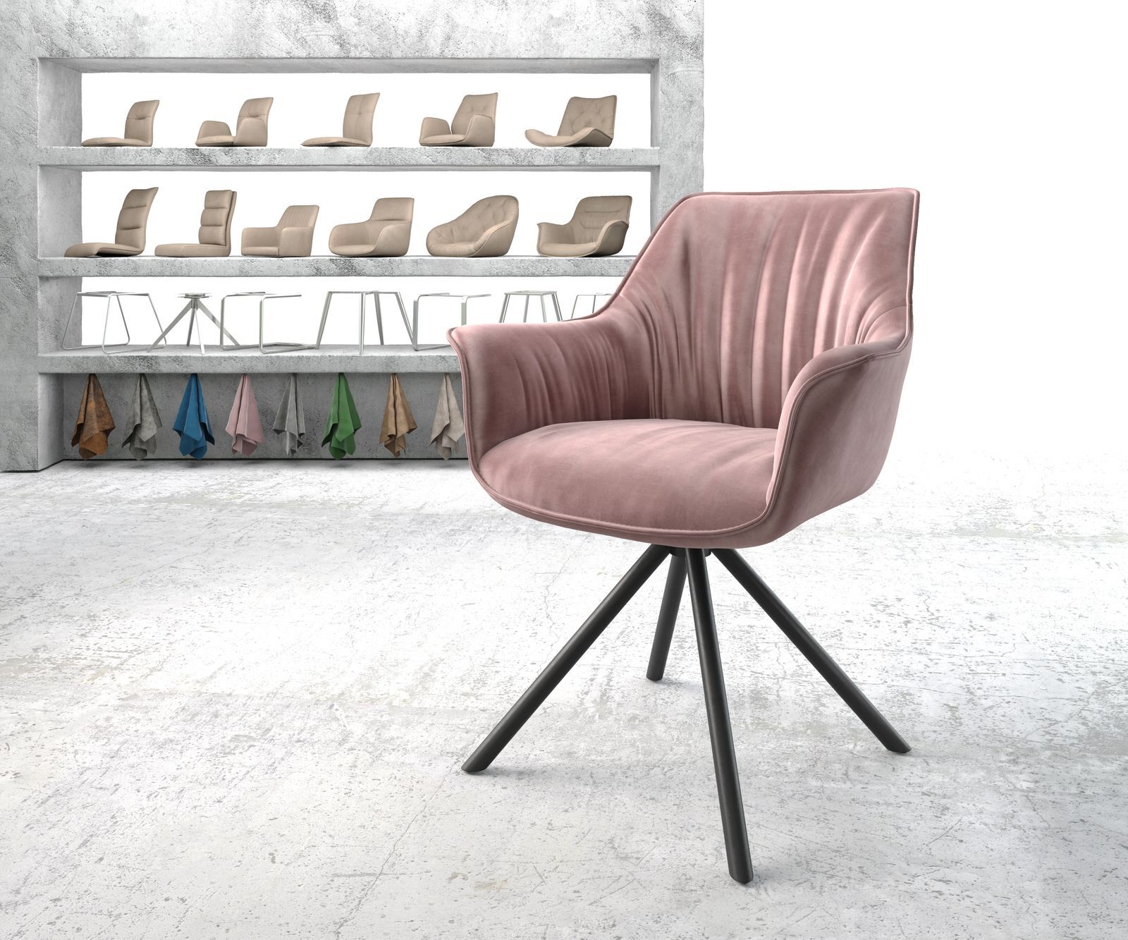 DELIFE Chaise-pivotante Keila-Flex avec accoudoir velours rosé cadre croisé rond noir