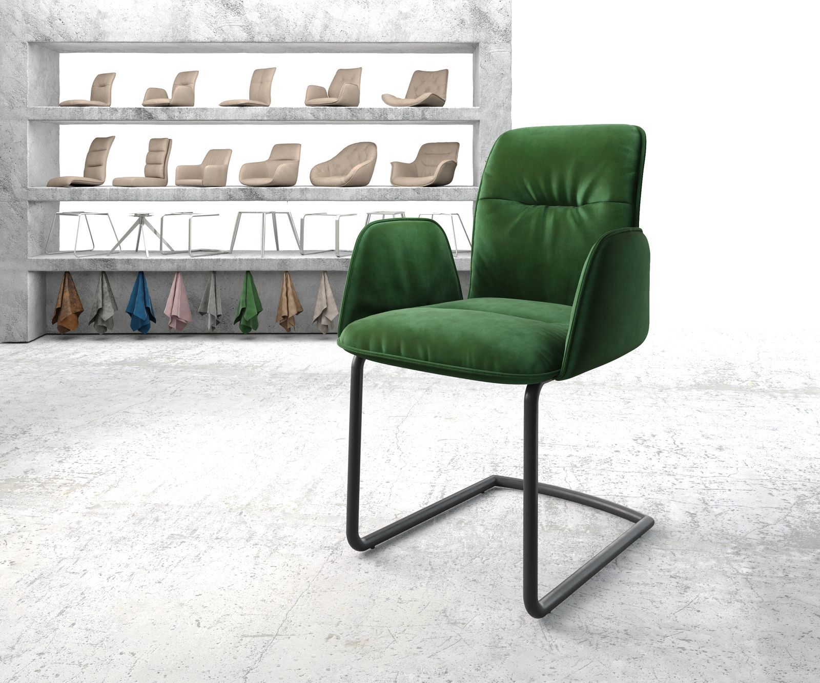 DELIFE Fauteuil Vinja-Flex vert velours cantilever rond noir