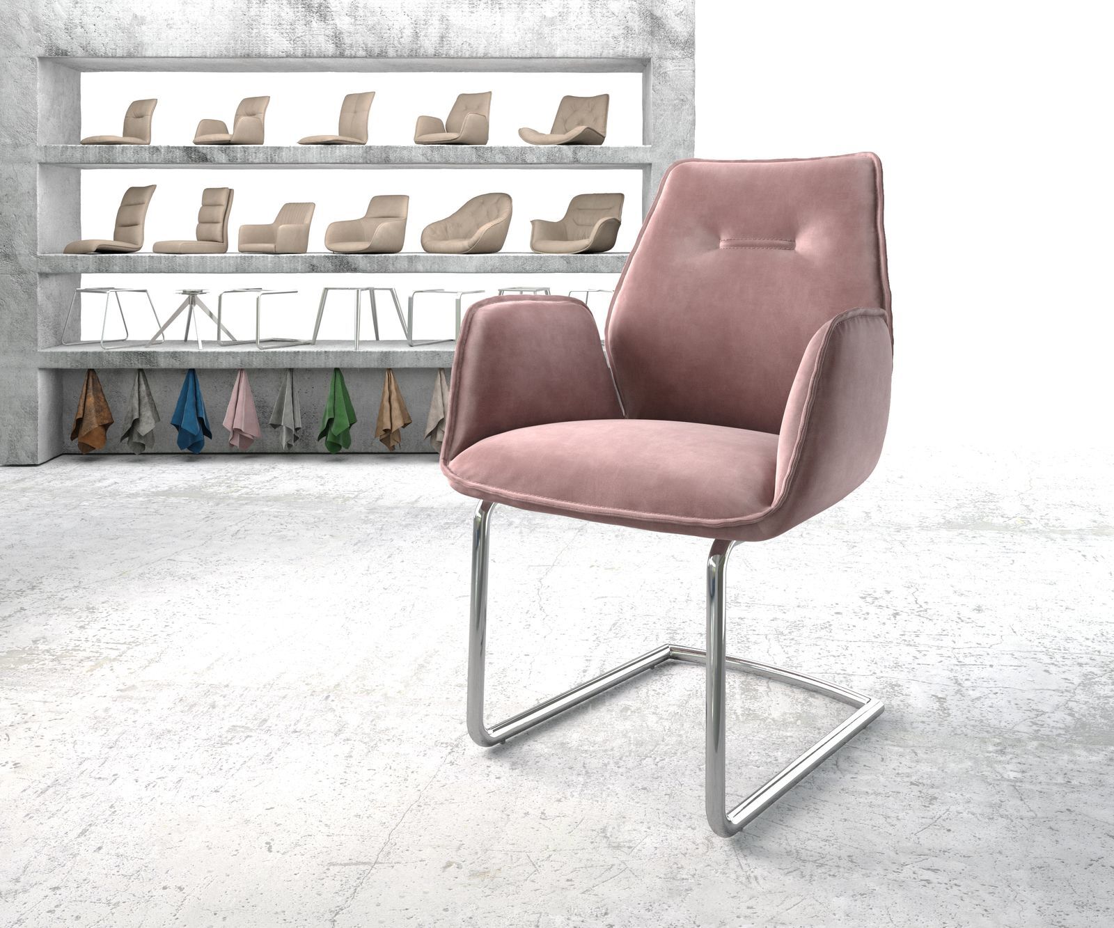 DELIFE Fauteuil Zoa-Flex rosé velours cantilever rond chromé