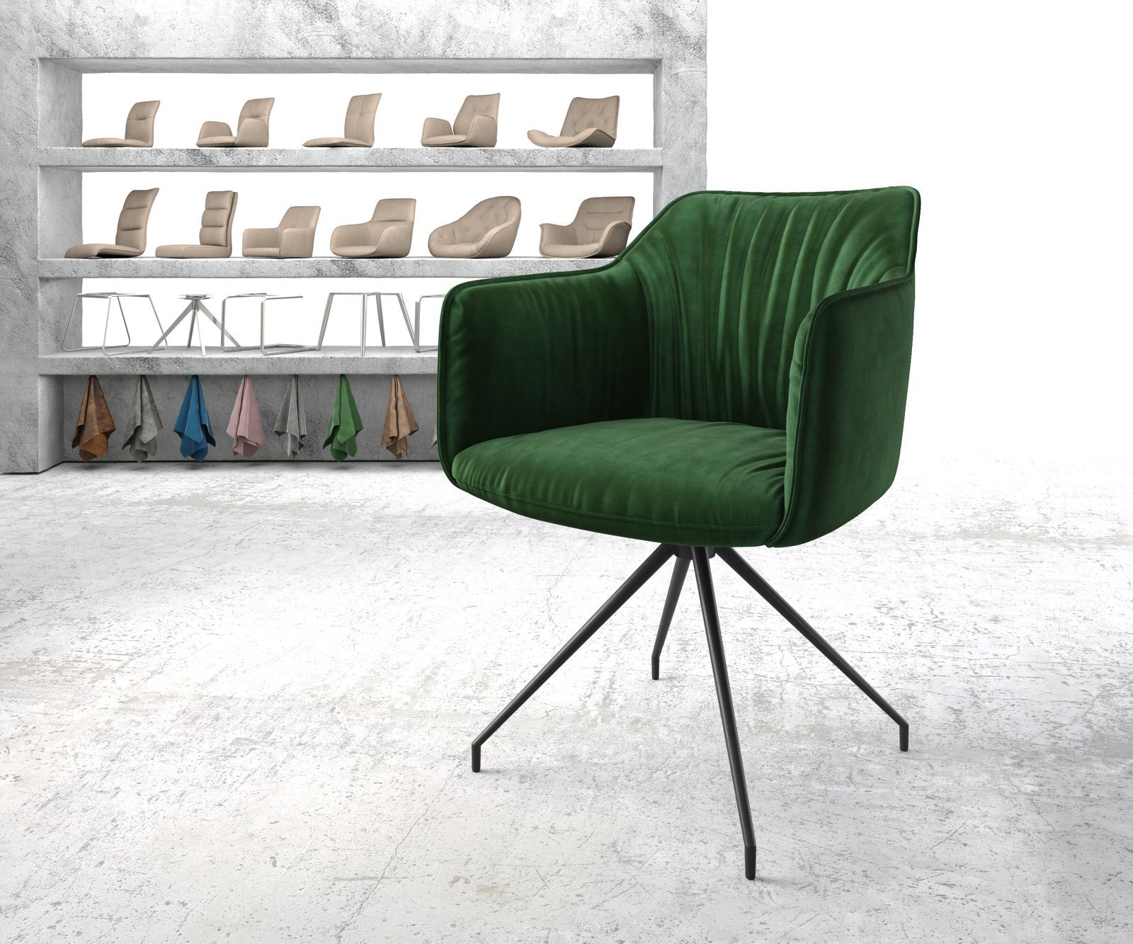 DELIFE Chaise-pivotante Elda-Flex avec accoudoir velours vert cadre croisé conique noir