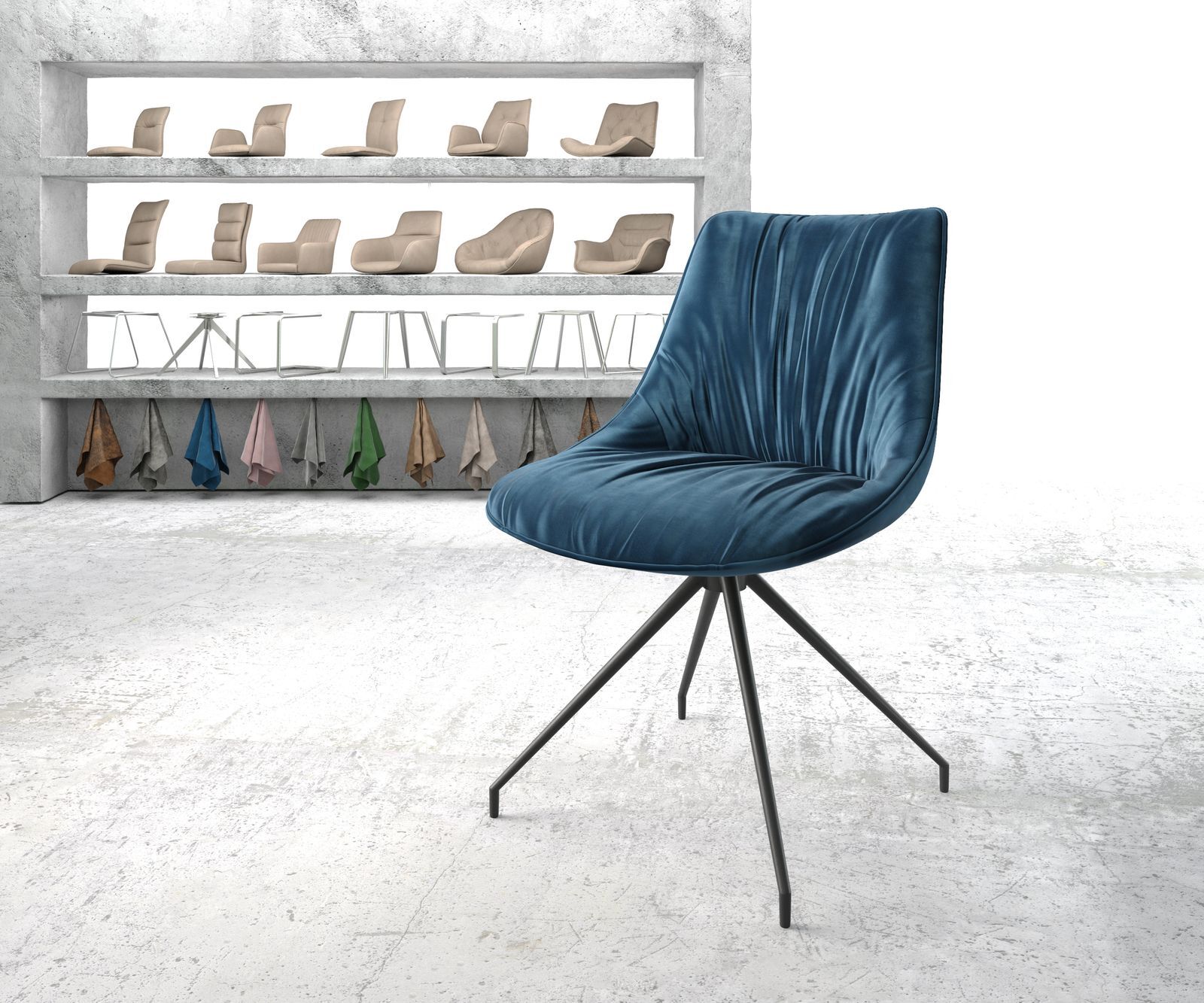 DELIFE Chaise-pivotante Elda-Flex velours bleu cadre croisé conique noir