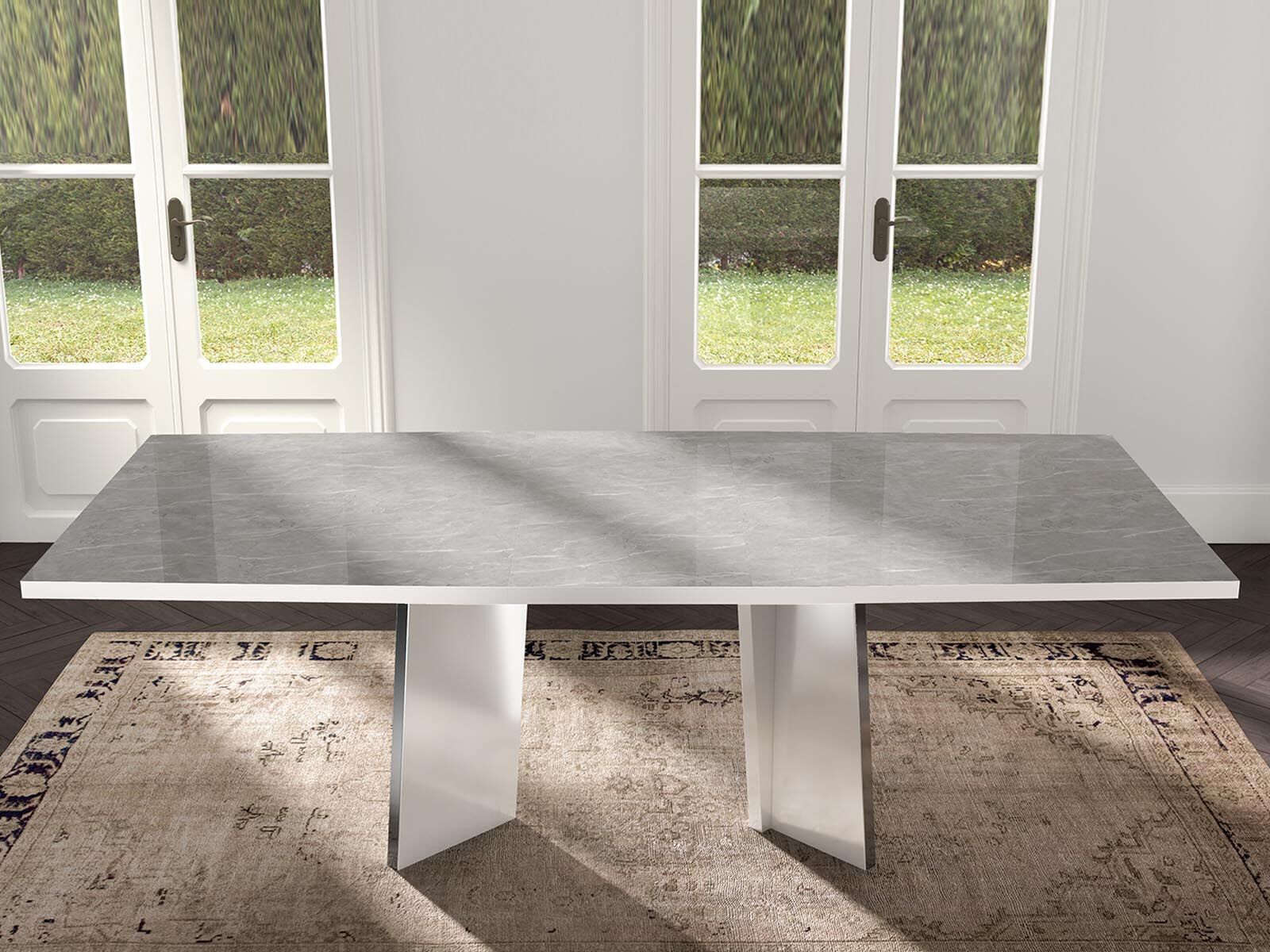 Mobistoxx Table repas rectangulaire MIRAS 250 cm blanc brillant/béton sans rallonges