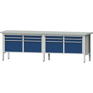 ANKE Werkbank Breite 2800 mm, Gestellbauweise, 12 Schubladen, 8 x 90 mm, 4 x 360 mm, Höhe 890 mm, Stahlblechbelagplatte