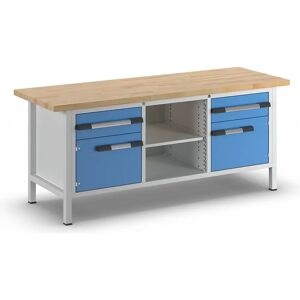 eurokraft pro Werkbank, Gestellbauweise Serie 8, 2 Schubladen 180 mm, 2 Türen 360 mm, 1 Ablageboden, 1 Fachboden, BxT 2000 x 700 mm