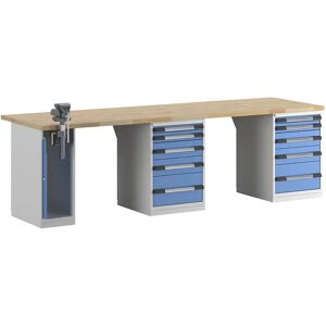 eurokraft pro Werkbank, Baukastensystem Serie 7, 10 Schubladen, 1 Schraubstock linkseitig, BxT 3000 x 900 mm