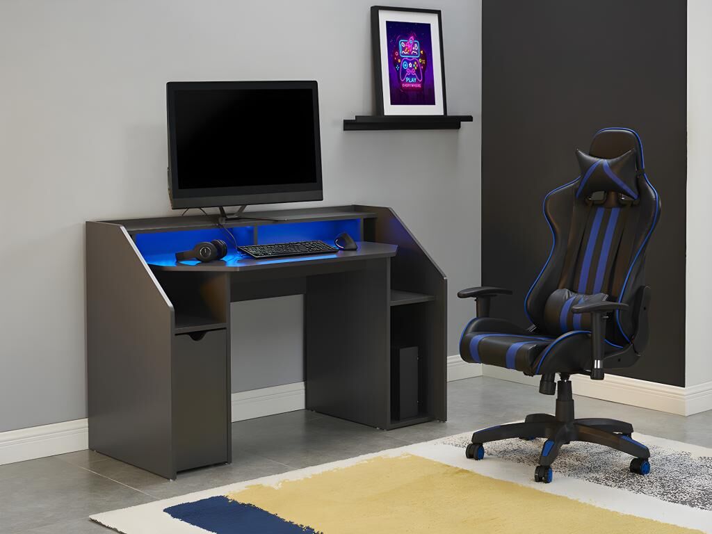 Vente-unique.ch Gaming-Schreibtisch mit Stauraum & LED-Beleuchtung CYBER - Grau