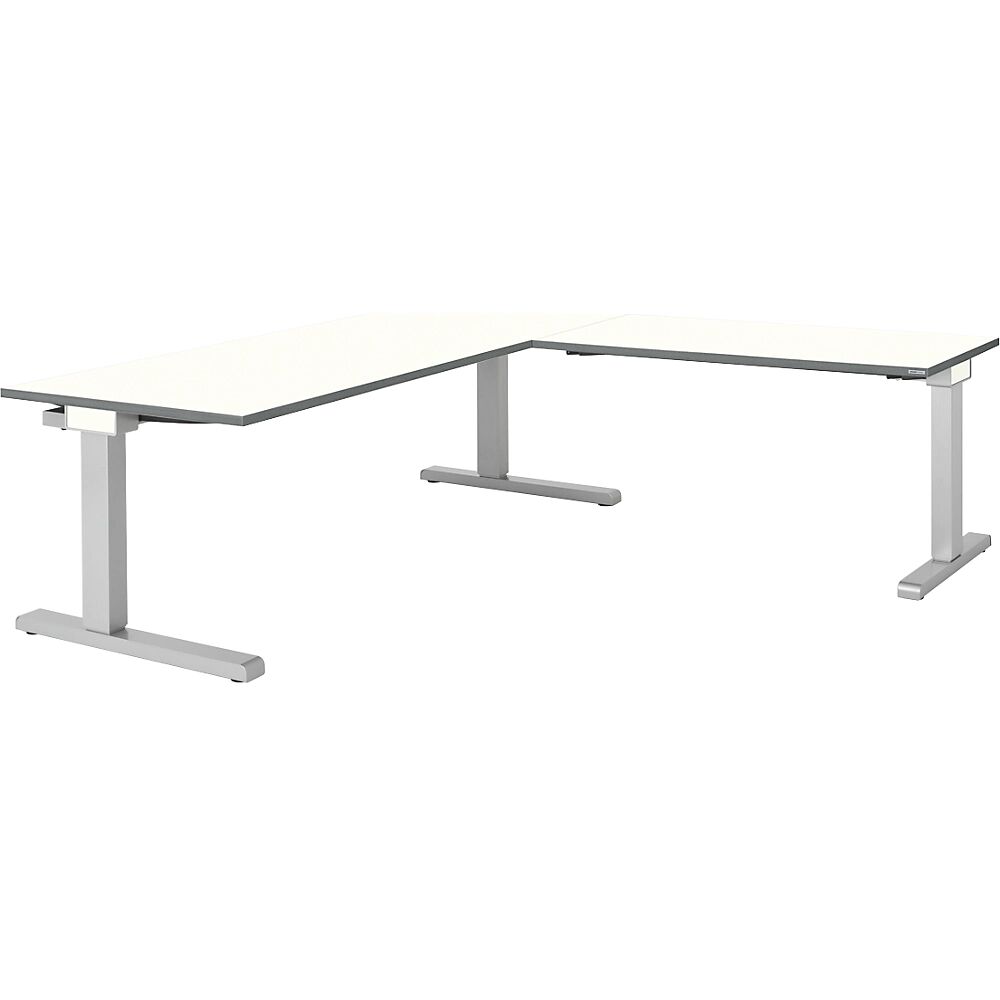 mauser Schreibtisch, verkettet BxT 1800 x 800 mm, Winkelansatz rechts (Breite 1200 mm) Platte weiß, Gestell alusilber