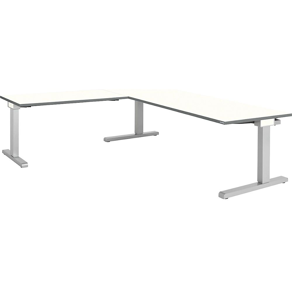 mauser Schreibtisch, verkettet BxT 2000 x 800 mm, Winkelansatz links (Breite 1200 mm) Platte weiß, Gestell alusilber