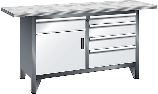 LISTA Werkbank Breite 1500 mm, Gestellbauweise 1 Boden, 5 Schubladen, 1 Tür Korpus grau metallic, Front lichtgrau