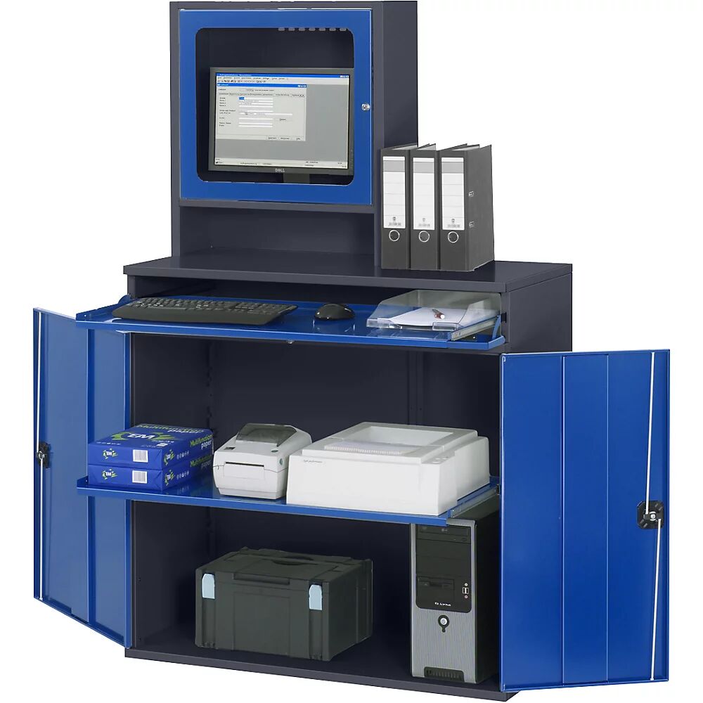 RAU Computer-Arbeitsstation Monitorgehäuse, 1 Ausziehboden Breite 1100 mm, anthrazit / enzianblau