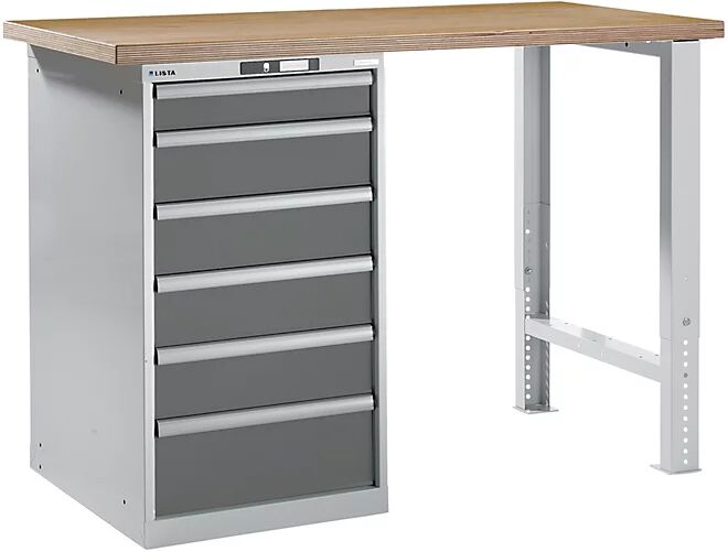 LISTA Werkbank im Baukastensystem Höhe 1040 mm, Unterstellschrank, 6 Schubladen graumetallic, Tischbreite 1500 mm