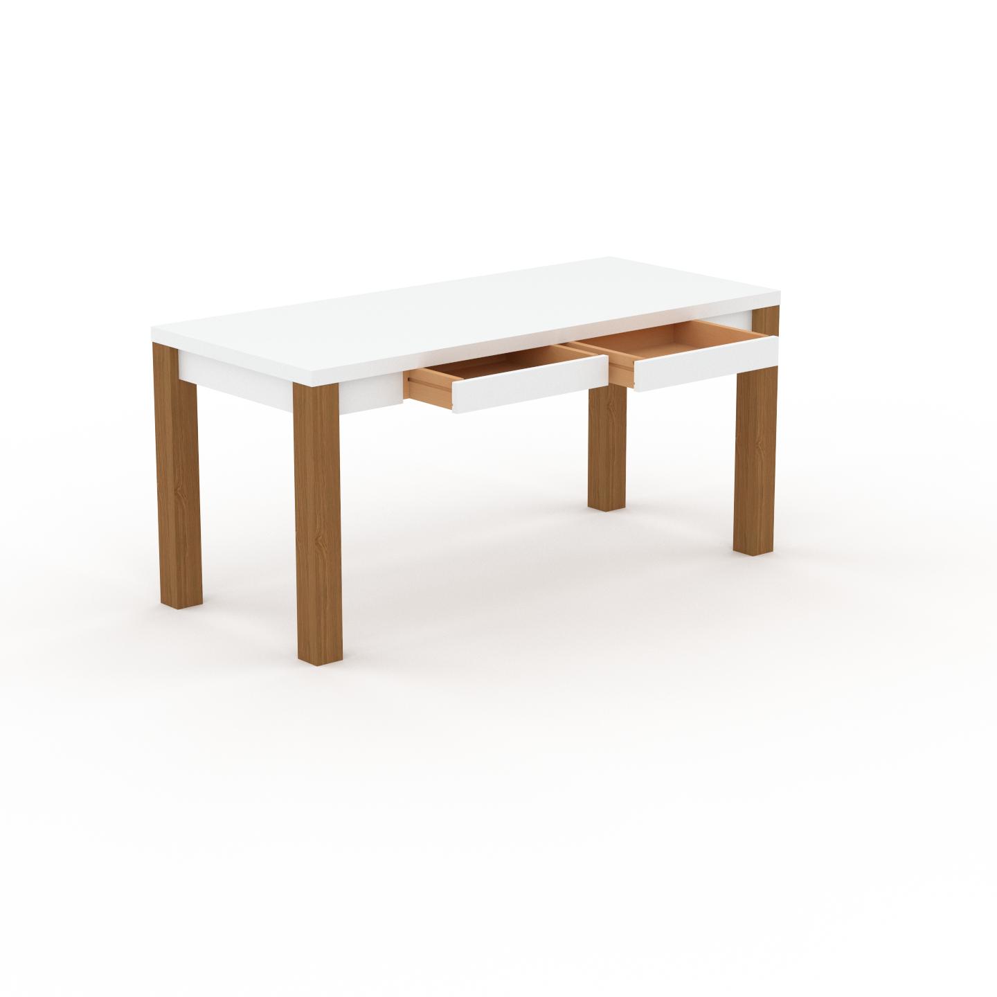 MYCS Schreibtisch Massivholz Weiß - Massivholz-Schreibtisch: mit 2 Schublade/n & Tischrahmen - Hochwertige Materialien - 160 x 76 x 70 cm, konfigurierbar