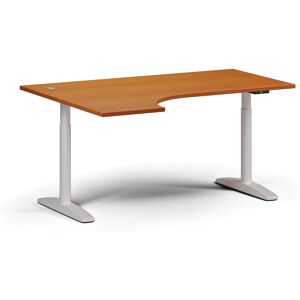 B2B Partner Höhenverstellbarer Schreibtisch OBOL, elektrisch, 675-1325 mm, Ecke links, Tischplatte 1600x1200 mm, weißes abgerundetes Untergestell, Kirsche