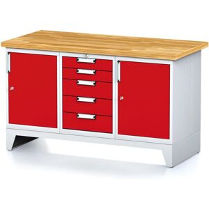 Alfa 3 Werkbank MECHANIC, 1500x700x880 mm, 1x 5 Schubladencontainer, 2x Schrank, grau/rot