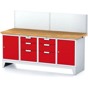 Alfa 3 Werkbank MECHANIC mit Aufbau, 2000x700x880 mm, 2x 3 Schubladencontainer, 2x Schrank, grau/rot