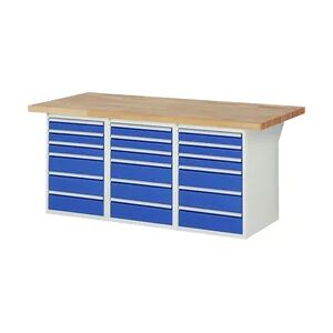 PROREGAL Werkbank Serie 7000 - Modell 7515   HxBxT 84x200x90cm   18x Schublade   Schubladenmaße 9x90 + 9x150mm   Lichtgrau   Arbeitstisch Werktisch