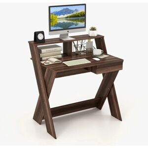 COSTWAY Computertisch mit Schublade, Schreibtisch mit Monitorerhöhung, Arbeitstisch X-förmig, aus Holz, für kleine Räume Zuhause und im Büro, 90 x 61 x 94 cm