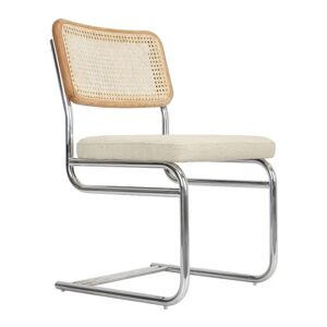 NV GALLERY Design Stuhl UBERTO - Design Stuhl, Bouclé Stoff in Weiß, Rattan & verchromtes Metall - Weiß / Silber / Holz