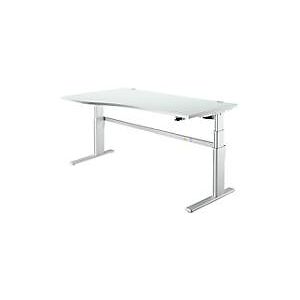 Schreibtisch Komfort, elektrisch höhenverstellbar, Freiform, Ansatz links, C-Fuß, B 1800 x T 1000/800 x H 655-1305 mm, lichtgrau/weißalu