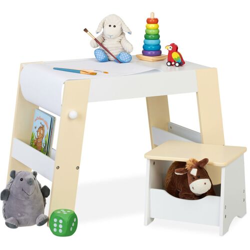Relaxdays Kindersitzgruppe, Tisch & Hocker, Spiel & Aufbewahrung, Rolle für Zeichenpapier, Kindertisch Set, weiß/beige