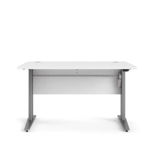 Prisme skrivebord elektrisk hæve sænke funktion, hvid og sølvgrå.