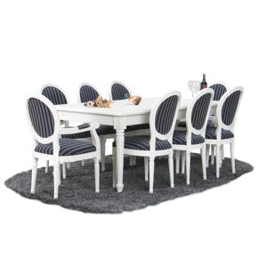 Amaretta spisegruppe 100x180/280 inkl. 2 tillægsplader antik hvid med 2+6 Rokoko stole antik hvid/sort.