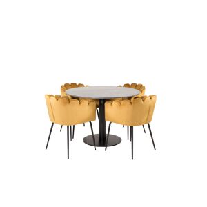 EstelleØ106BLBL spisebordssæt spisebord sort, marmor og 4 Limhamn stole velour gul.
