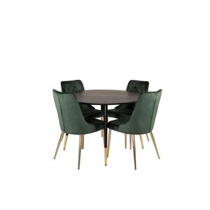 DippØ115BLBR spisebordssæt spisebord sort og 4 Velvet Deluxe stole velour grøn, messing dekor.