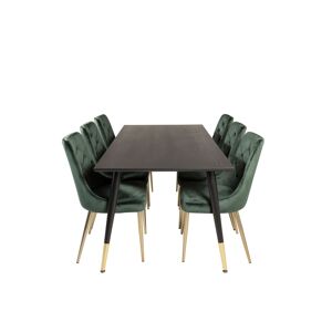 Dipp180x90BLBR spisebordssæt spisebord sort og 6 Velvet Deluxe stole velour grøn, messing dekor.