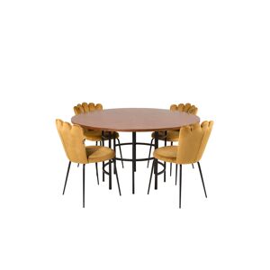 Copenhagen spisebordssæt spisebord brun og 4 Limhamn stole velour gul.