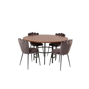 Copenhagen spisebordssæt spisebord brun og 4 Limhamn stole velour grå.