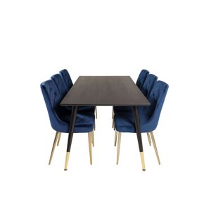 Dipp180x90BLBR spisebordssæt spisebord sort og 6 Velvet Deluxe stole velour blå, messing dekor.