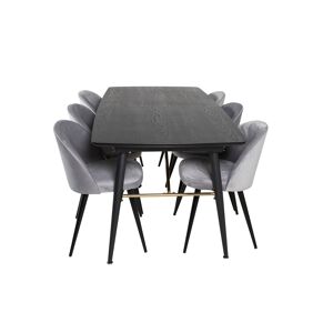 Gold spisebordssæt spisebord  udtræksbord længde cm 180 / 220 sort og 6 Velvet stole velour lysegrå.