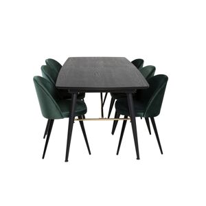 Gold spisebordssæt spisebord  udtræksbord længde cm 180 / 220 sort og 6 Velvet stole velour grøn, sort.