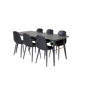 Gold spisebordssæt spisebord  udtræksbord længde cm 180 / 220 sort og 6 Polar stole PU kunstlæder sort.