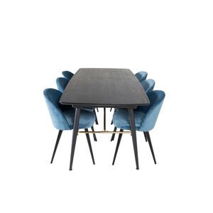 Gold spisebordssæt spisebord  udtræksbord længde cm 180 / 220 sort og 6 Velvet stole velour blå, sort.